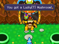Bowser getting the "Lucky Shroom" from Fawful in disguise in Dimble Woods