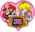 Mario and Princess Peach holding a Game Boy Advance in a romantic way.