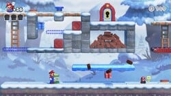 Screenshot of Slippery Summit Plus level 6-5+ from the Nintendo Switch version of Mario vs. Donkey Kong