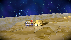 Mario near the rock containing a Maple Syrup on the Moon of Paper Mario: The Thousand-Year Door for Nintendo Switch.