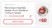 A mission tracker in My Nintendo, showing the "win three Toad Rallies" mission. Note that the meter topped with Mario's sprite.