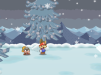 Screenshot of Mario at a hidden ? Block location in Fahr Outpost, in Paper Mario: The Thousand-Year Door.