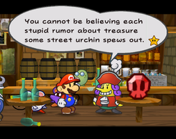 Flavio talking to Mario in the bar in Rogueport Square in Paper Mario: The Thousand-Year Door