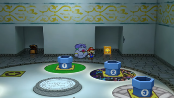 Mario next to the Shine Sprite in the warp area of Rogueport Underground in Paper Mario: The Thousand-Year Door (Nintendo Switch).