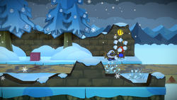 Mario getting a Coin from a bush in Path to Fahr Outpost of Paper Mario: The Thousand-Year Door for Nintendo Switch.