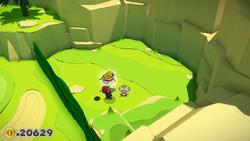 Mario being given a Coin Bag by a Toad in Picnic Road of The Origami King.