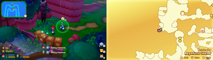 Mario and Luigi near wooden crates containing 2 Coins on Raynforst Island of Mario & Luigi: Brothership.