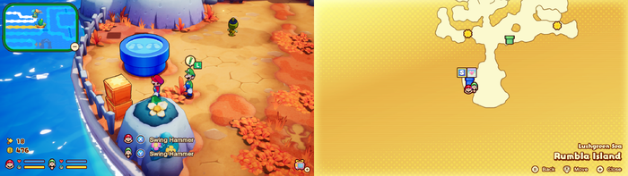 Mario and Luigi near wooden crates containing a Coin on Rumbla Island of Mario & Luigi: Brothership.