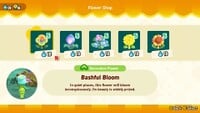 The Flower Shop menu managed by the Florist Poplin, displaying various decorative flowers for purchase, such as the Bashful Bloom.