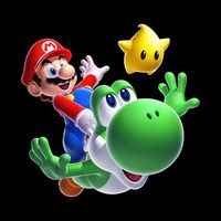 Super Mario Galaxy 2 artwork: Mario riding Yoshi, and Luma