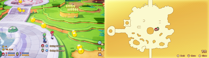 Mario and Luigi near 6 Coins nad 4 10-Coins in the illusionary Mushroom Kingdom area of Soli-Tree of Mario & Luigi: Brothership.