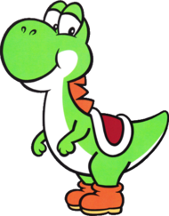 Official artwork of Yoshi, in the style of Super Mario World.