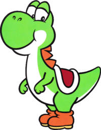 Official artwork of Yoshi, in the style of Super Mario World.