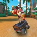 Diddy Kong and a pre-release Barrel Train from the game's first trailer. Note that in the final version, the Barrel Train has Off-Road tires equipped instead.