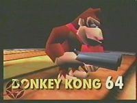Donkey Kong using a realistic shotgun instead of the Coconut Shooter in a pre-release version of Donkey Kong 64.