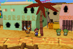 Mario finding a Coin in the red palm tree of Dry Dry Outpost of Paper Mario.