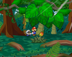 Mario getting a Keel Mango from a tree in Keelhaul Key of Paper Mario: The Thousand-Year Door.