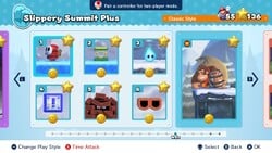 Screenshot of Slippery Summit Plus's level select screen from the Nintendo Switch version of Mario vs. Donkey Kong