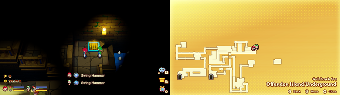 Mario and Luigi near a vent containing 20 10-Coins on Offandon Island of Mario & Luigi: Brothership.