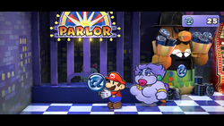 Mario getting 10 Pianta Tokens from Lahla in Paper Mario: The Thousand-Year Door for Nintendo Switch.