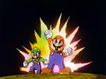 Mario and Luigi power up and shout "Super Mario Brothers!"
