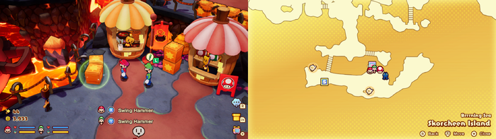 Mario and Luigi near wooden crates containing 2 Five Coins on Skorcheen Island of Mario & Luigi: Brothership.