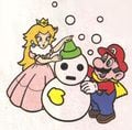 Mario building a snowman with Princess Peach, seen on official licensed 1994 greeting cards from Japan