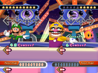 Luigi dances off Wario in Dance Dance Revolution: Mario Mix