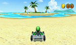Luigi facing the center island in Mario Kart 7
