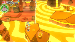 Mario standing near 2 Coins and a Coin Bag in Hotfoot Crater of The Origami King.