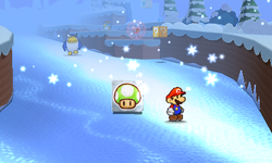Mario near a Big Shiny 1UP Sticker in Ice Flow of Paper Mario: Sticker Star.