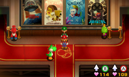 Screenshot of the interior of Yoshi Theatre in Mario & Luigi: Superstar Saga + Bowser's Minions