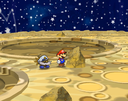 Mario near the rock containing a Volt Shroom on the Moon of Paper Mario: The Thousand-Year Door.