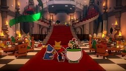 The Folded Soldiers feasting inside Bowser's Castle in Paper Mario: The Origami King