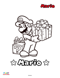 Line art of Mario holding a present from a holiday-themed paint-by-number activity