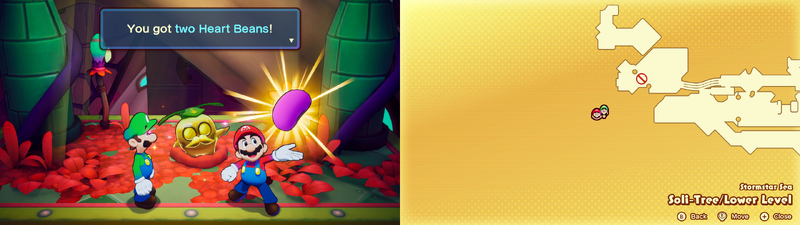 Mario and Luigi getting 2 Heart Beans from the Golden Grampy Turnip in Soli-Tree from Mario & Luigi: Brothership.