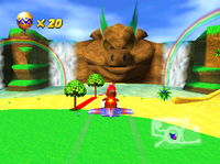 Diddy Kong flying in his plane in the center of Timber's Island in Diddy Kong Racing