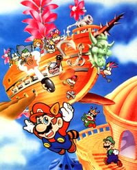 Super Mario Bros. 3 artwork: The Koopalings are in an airship with Princess Toadstool; Raccoon Mario is flying away as Luigi goes up the stairs, staring at his brother flying off, while the transformed Water Land King points at the airship.