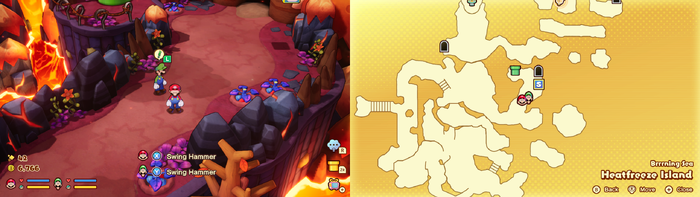 Mario and Luigi near 4 Heatfreeze Potatoes containing 20 Coins on Heatfreeze Island of Mario & Luigi: Brothership.