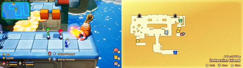 Mario and Luigi near a Sprite Bulb Nest on Lottacoins Island of Mario & Luigi: Brothership.