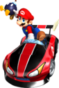 Artwork of Mario about to throw a Bob-omb in his Wild Wing, from Mario Kart Wii