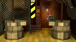 Mario near the Station Key in Riverside Station of Paper Mario: The Thousand-Year Door for Nintendo Switch.