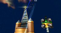 Luigi approaching the Spring Tower Planet in the Chompworks Galaxy