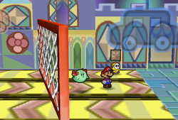 Mario finding Mystery Note held by a yellow Shy Guy in Shy Guy's Toy Box of Paper Mario.