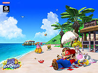 A Super Mario Sunshine wallpaper of Mario, Princess Peach, and Toadsworth resting on Gelato Beach.