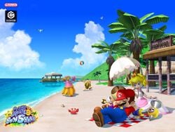 A Super Mario Sunshine wallpaper of Mario, Princess Peach, and Toadsworth resting on Gelato Beach. Note the Japanese version of the Sand Cabana sign.
