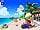 A Super Mario Sunshine wallpaper of Mario, Princess Peach, and Toadsworth resting on Gelato Beach.