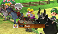 Wario riding on a horse in Beginner/Intermediate difficulty from Mario Sports Superstars