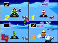 Mario Kart 64, with the racer icons in the center facing the opposite direct and a snowman body with feet.