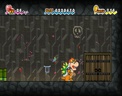 Bowser near the skull painting containing the Cave Key in Floro Caverns of Chapter 5-4 of Super Paper Mario.